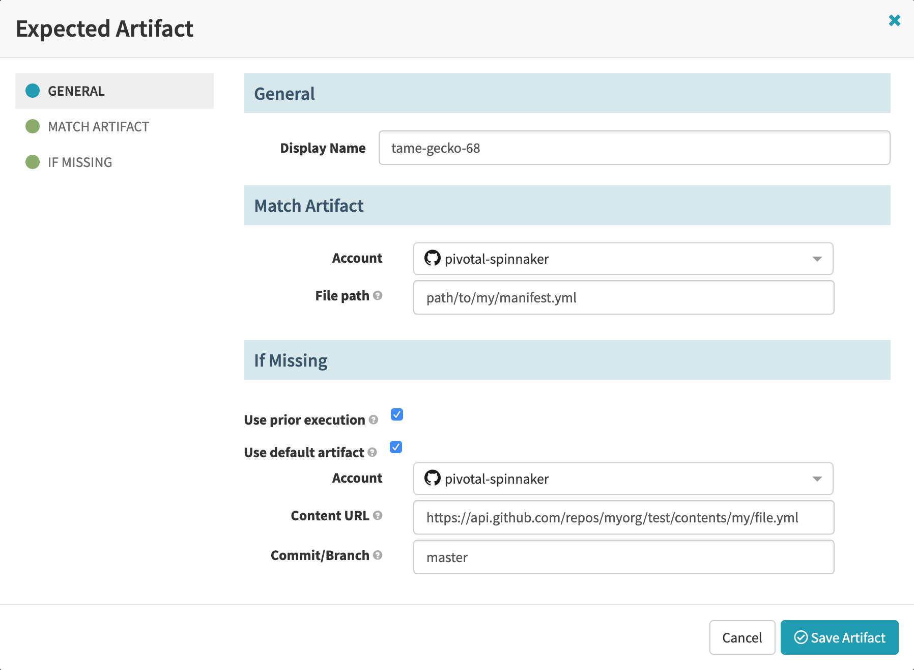 Configuring GitHub file fields in a pipeline trigger’s expected artifact settings.