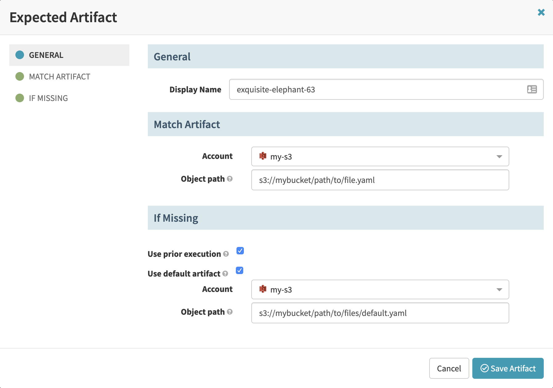 Configuring S3 object fields in a pipeline trigger’s expected artifact settings.