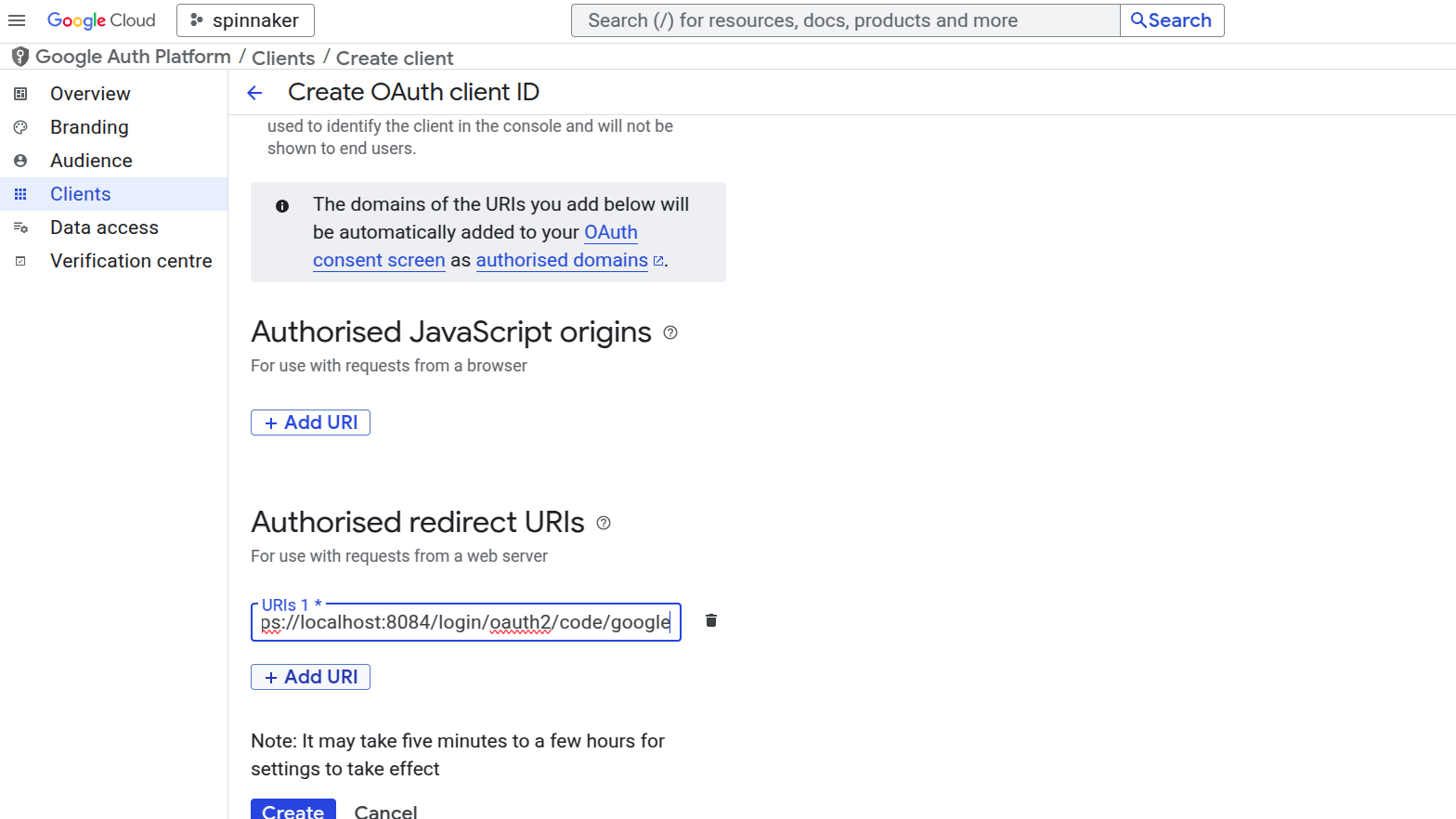 GCP console to create OAuth 2.0 client screenshot